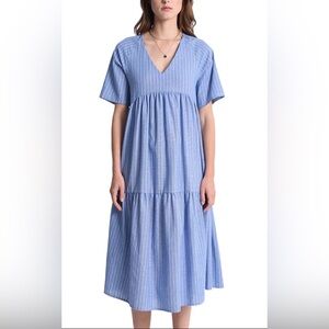 Molly Bracken Light Blue Striped Woven Chambray V Neck Dress Size Medium